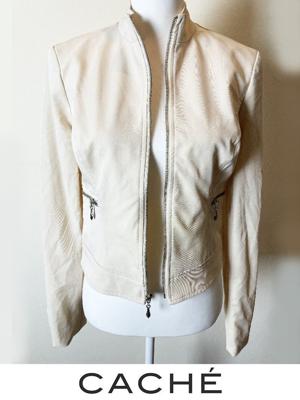 Cache Full Zip Up Cream Long Sleeve Vintage Bomber Jacket | Size 4
